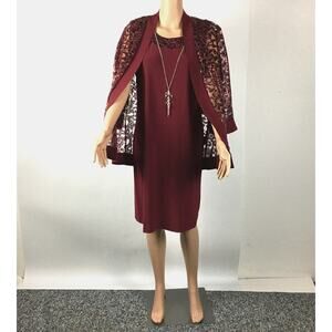 R&M Richards Womens Sz 12 Formal Midi Dress Metallic Lace Red Murlot 2 Pcs NEW!